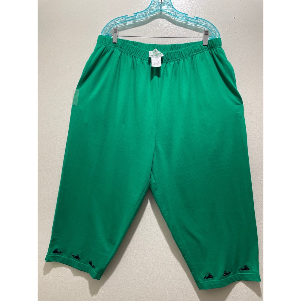 Quacker Factory Kelly Green Embroidered Whales Plus 2X Capri Pants Like New